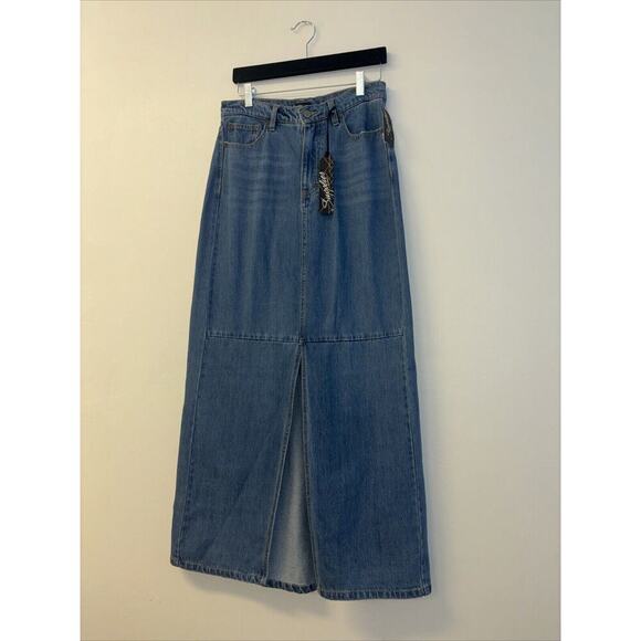 Denim Skirt Sz 2 Long Duster Medium Wash Quilted Slit Jean Maxi Skirt Hippie NWT - Picture 3 of 5
